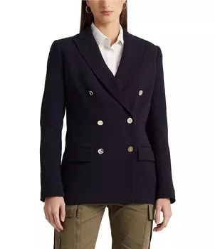Lauren Ralph Lauren Ryen Двубортный шерстяной блейзер с длинными рукавами и лацканами с вырезом, синий
