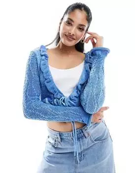 Лазурно-синий укороченный кардиган с оборками Urban Revivo