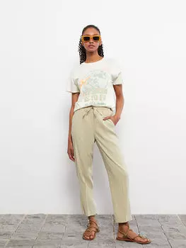 LCW CASUAL Удобные льняные женские брюки с эластичной резинкой на талии и прямыми карманами с подробным описанием