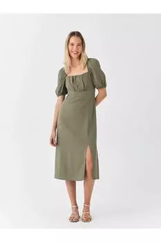 Lcw повседневное женское льняное платье с квадратным воротником и короткими рукавами LC Waikiki, хаки