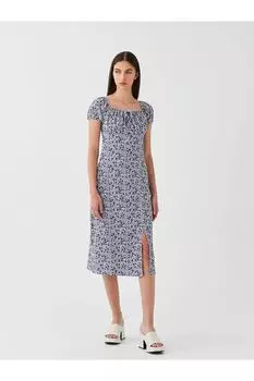 Lcw повседневное женское платье с вырезом лодочкой и цветочным принтом с короткими рукавами LC Waikiki, синий