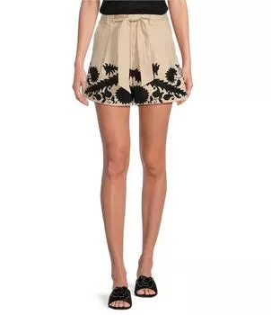 Le' AL.X Координационные льняные брючные шорты с высокой посадкой и завязкой на талии, цветочной вышивкой и карманами, бежевый