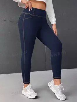 Леггинсы EZwear Plus, верхний шов, лоскутное шитье, карманы Shein, темно-синий