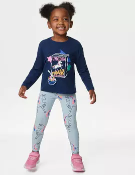 Леггинсы с единорогом из богатого хлопка (2–8 лет) Marks & Spencer