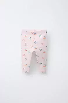 Леггинсы в рубчик с вишневым принтом ZARA, розовый