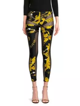 Леггинсы в стиле барокко с сетчатыми вставками Versace, цвет Black Multicolor