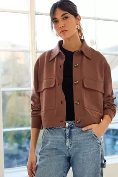 Легкая элегантная куртка-рубашка из трикотажа в практичном стиле Next, коричневый