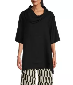 Легкая льняная туника свободного кроя Bryn Walker Enola с воротником-хомутом и рукавами до локтя, черный