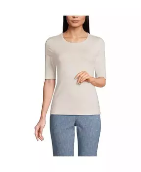 Легкая трикотажная футболка Petite с короткими рукавами до локтя и круглым вырезом Lands' End, бежевый