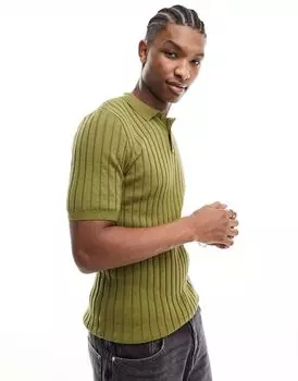 Легкая трикотажная футболка-поло цвета хаки в рубчик ASOS