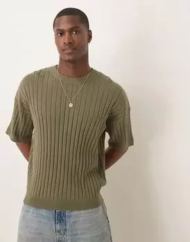 Легкая трикотажная футболка свободного кроя в рубчик цвета хаки ASOS DESIGN
