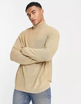 Легкий джемпер свободного кроя в рубчик с высоким воротником из камня ASOS DESIGN