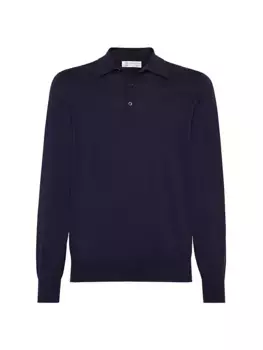 Легкий хлопковый свитер в стиле поло Brunello Cucinelli, синий
