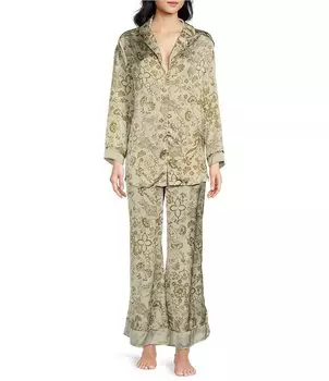 Легкий мягкий атласный пижамный комплект с длинными рукавами и широкими штанинами Free People Dreamy Days с цветочным принтом и воротником-стойкой, цветочный