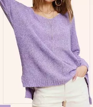 Легкий свитер с V-образным вырезом сиреневого цвета LA MIEL