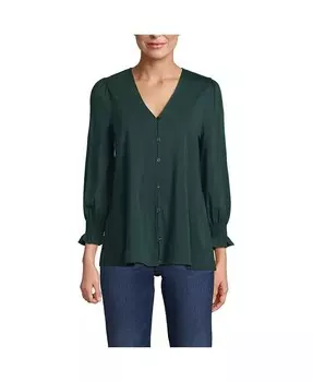 Легкий трикотажный топ на пуговицах с рукавами 3/4 Petite спереди Lands' End, зеленый