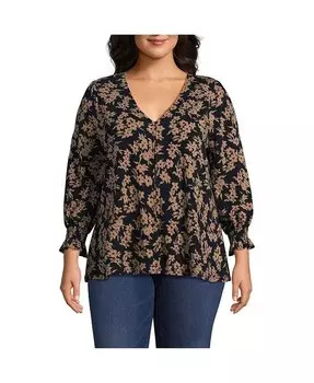 Легкий трикотажный топ на пуговицах спереди с рукавами 3/4 больших размеров Lands' End, бежевый