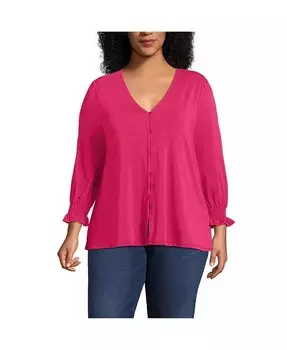 Легкий трикотажный топ на пуговицах спереди с рукавами 3/4 больших размеров Lands' End, красный