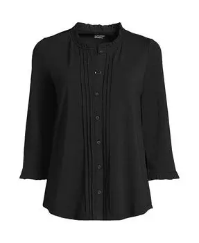 Легкий трикотажный топ размера плюс с рукавами 3/4 и защипами на шее с рюшами Lands' End, черный