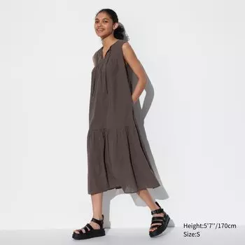 Легкое хлопковое платье с клеточными бремями UNIQLO, коричневый