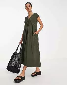 Легкое свободное платье миди с v-образным вырезом спереди Whistles цвета хаки