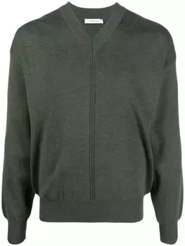 LEMAIRE джемпер с V-образным вырезом и отделкой в рубчик, зеленый