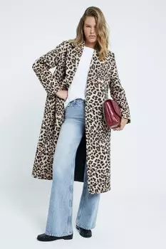 Леопардовое длинное пальто River Island, коричневый