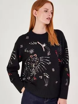 Леопардовый джемпер Lorna с пайетками из смесовой шерсти Monsoon, черный