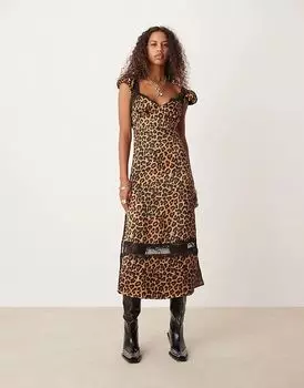 Леопардовый принт миди платье с кружевной отделкой в многоцветном исполнении Free People