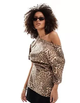 Леопардовый топ на одно плечо с разрезным вырезом и завязками ASOS DESIGN