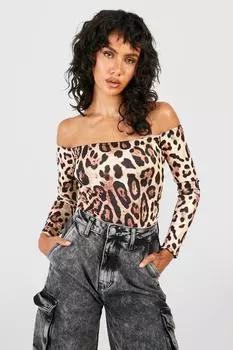 Леопардовый топ с открытыми плечами Boohoo, черный