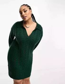 Лесно-зеленое трикотажное платье миди в рубчик с воротником-поло Brave Soul