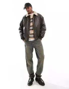 Летная куртка из искусственной кожи Cotton On с воротником из овчины коричневого цвета Cotton:On