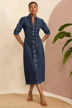 Летнее джинсовое платье миди на пуговицах с фестонами Love & Roses, синий
