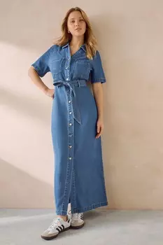 Летнее джинсовое платье с пышной пуговицей на груди Next, синий
