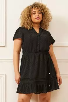 Летнее кружевное платье-трапеция с V-образным вырезом завязкой спереди короткими рукавами и рюшами Love & Roses, черный