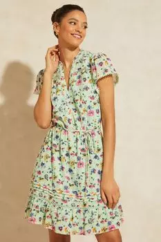 Летнее кружевное платье-трапеция с V-образным вырезом завязкой спереди короткими рукавами и рюшами Love & Roses, зеленый