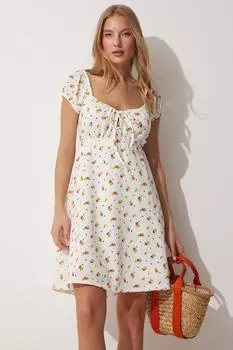 Летнее мини-вязаное платье с воротником «Кармен» с цветочным принтом Happiness stanbul, экрю