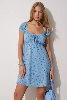 Летнее мини-вязаное платье с воротником «Кармен» с цветочным принтом Happiness stanbul, синий