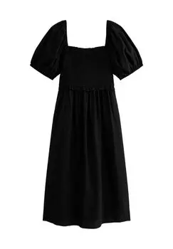 Летнее платье Curves Puff Sleeve Shirred Midi New Look, черное