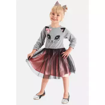 Летнее платье Denokid «Gauzy Cat» с вышитой мордочкой котенка Denokids, цвет grey melange