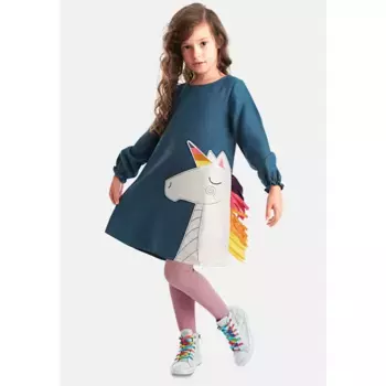 Летнее платье Denokids «Разноцветный единорог» с аппликацией в виде единорога, темно-синий
