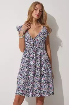 Летнее платье из вискозы с цветочным принтом и V-образным вырезом Happiness stanbul, фиолетовый