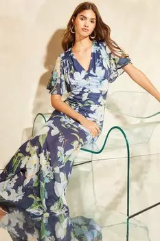 Летнее платье макси из сетчатого материала с развевающимися рукавами и v-образным вырезом Lipsy, синий