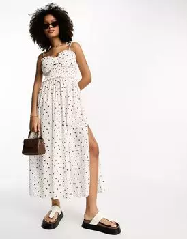 Летнее платье миди ASOS с присборенной талией, бантом на груди и коричневым принтом в горошек