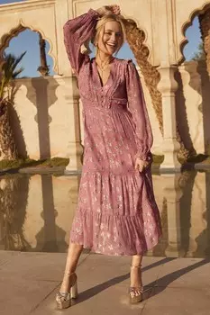 Летнее платье миди металлик с длинными рукавами и V-образным вырезом Love & Roses, розовый