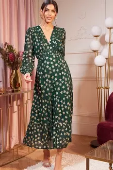 Летнее платье миди металлик с длинными рукавами и V-образным вырезом Love & Roses, зеленый