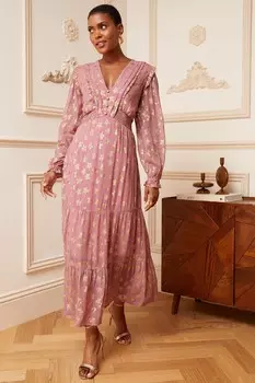 Летнее платье миди металлик с длинными рукавами и V-образным вырезом Love & Roses, розовый