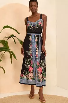 Летнее платье миди с принтом в виде каймы Love & Roses, черный