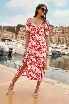 Летнее платье миди с рукавами-фонариками вырезом в форме сердца и принтом Friends Like These, красный